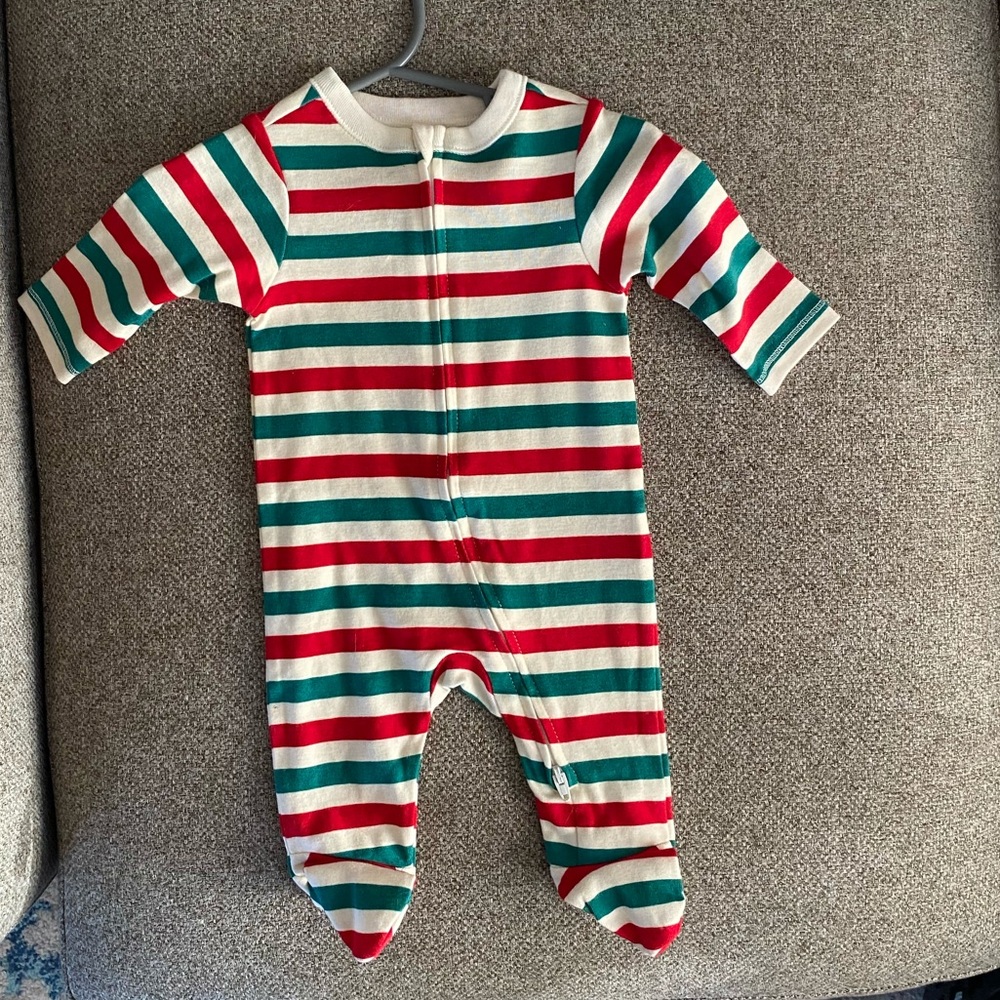 Red and green striped footie pajamas